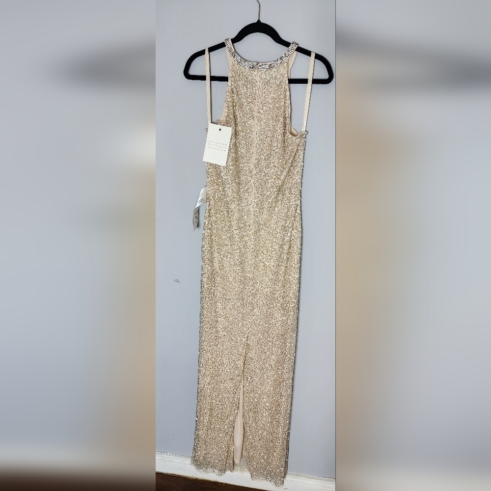 Mac Duggal BEADED SLEEVELESS HIGH NECK COLUMN GOWN size 10  Nude Silver - Picture 8 of 15